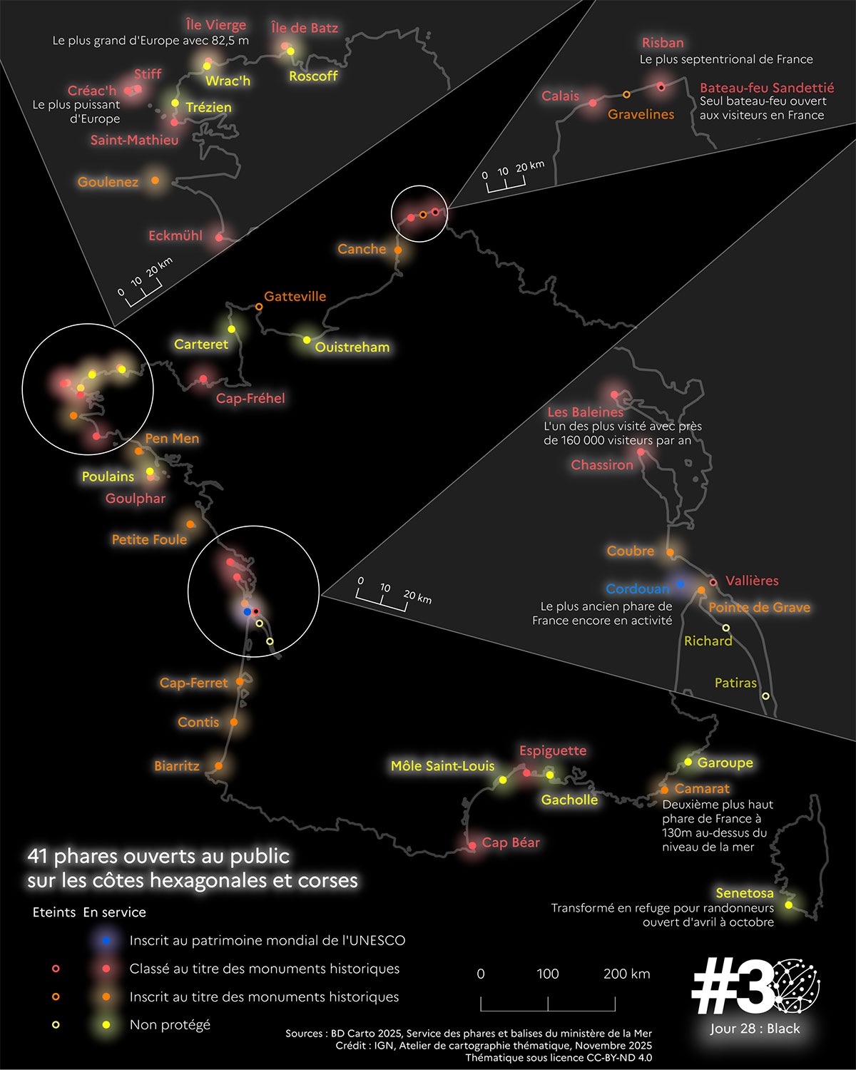 Carte – 41 phares ouverts au public sur les côtes hexagonales et corses
