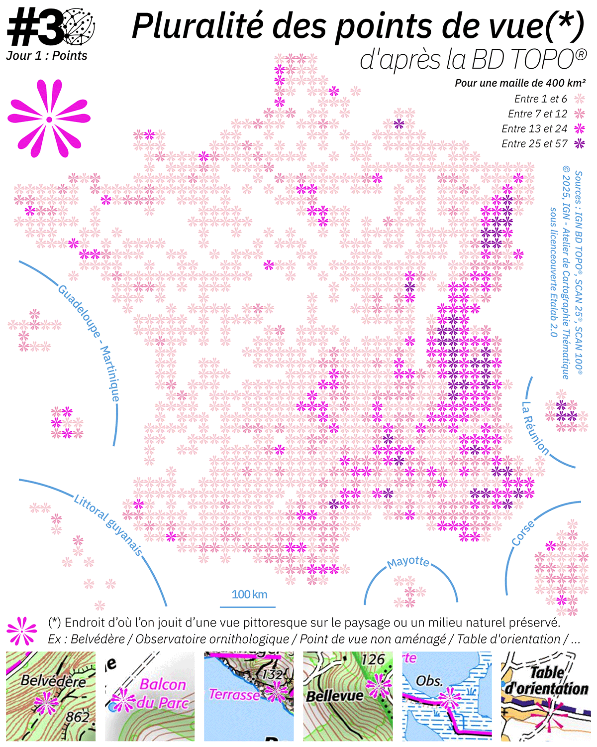 Carte illustrant la pluralité des points de vue pittoresques réalisée à partir de la BD TOPO
