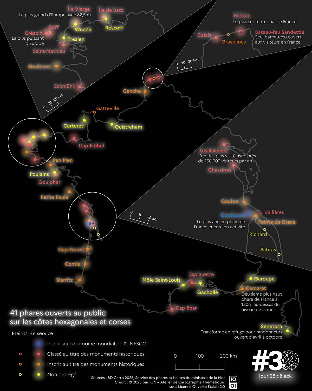 Carte – 41 phares ouverts au public sur les côtes hexagonales et corses