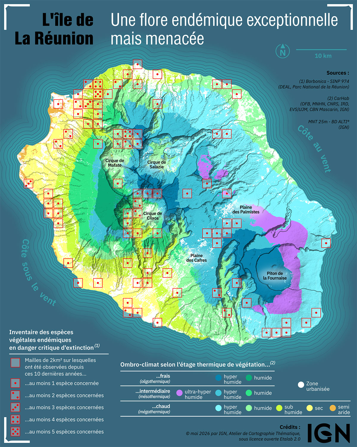L'île de La Réunion, une flore endémique exceptionnelle mais menacée - Carte de l'Atelier de cartographie thématique, mai 2026