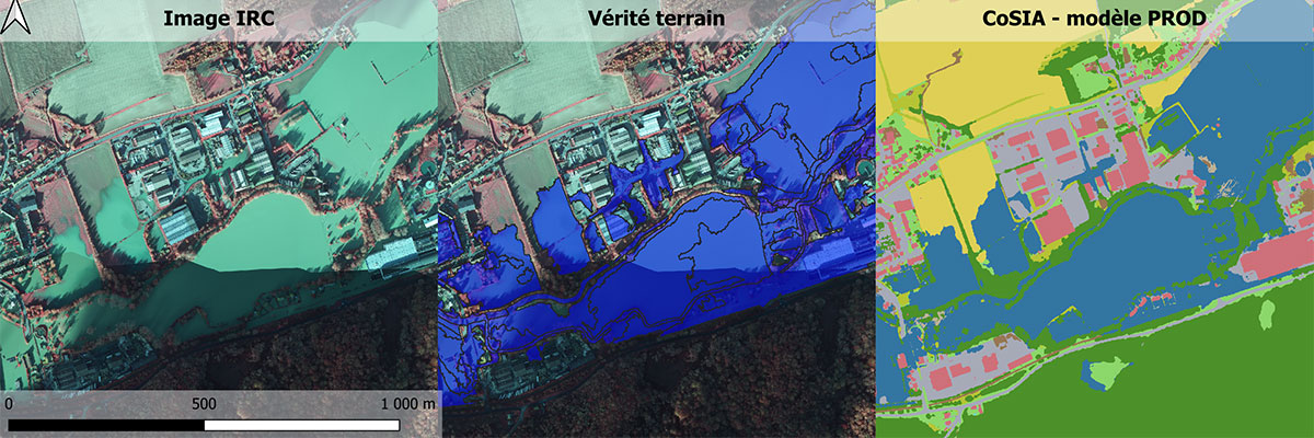 Résultat de l'inférence du modèle CoSIA de prod sur des images acquises pour suivi des inondations (image IRC, vérité terrain, CoSIA modèle prod) Résultat de l'inférence du modèle CoSIA de prod sur des images acquises pour suivi des inondations (image IRC, vérité terrain, CoSIA modèle prod)