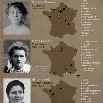 Carte illustrant les noms de personnalités féminines prêtant leurs noms à des lycées en France en 2026