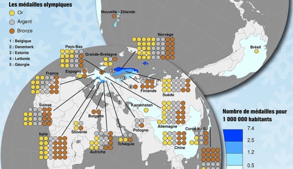 Carte de l'Atelier de cartographie thématique de l'IGN illustrant la répartition des médailles aux JO d'Hiver 2026