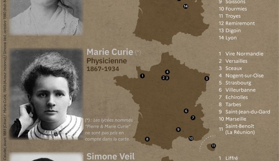 Carte illustrant les noms de personnalités féminines prêtant leurs noms à des lycées en France en 2026