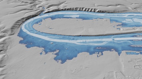Visualisation des zones basses à proximité des boucles de Seine près de la ville d'Elbeuf (76) réalisée grâce au MNT du programme LiDAR HD