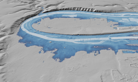 Visualisation des zones basses à proximité des boucles de Seine près de la ville d'Elbeuf (76) réalisée grâce au MNT du programme LiDAR HD
