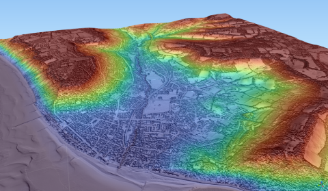 Carte 3D des reliefs autour de la ville d'Houlgate (14) réalisée grâce au MNT et au MNS du programme LiDAR HD
