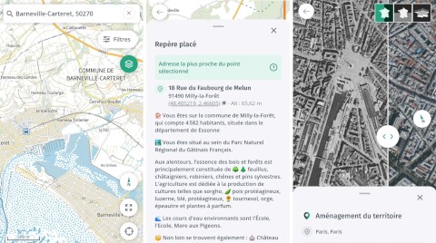 Captures d’écran de l’application Cartes IGN, de gauche à droite : le plan IGN de Barneville-Carteret (50), les informations enrichies accessibles après un appui long sur la carte de Nérondes (18), point d’évolution du territoire sur l’Opéra de la Bastille à Paris (75) 