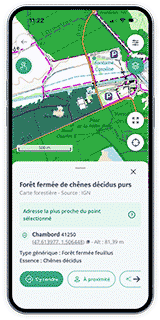 Visuel de l'application Cartes IGN illustrant des informations sur les essences forestières