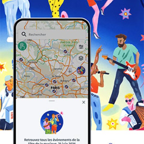 Interface de l'application Cartes IGN et des fonctionnalités spéciales Fête de la musique